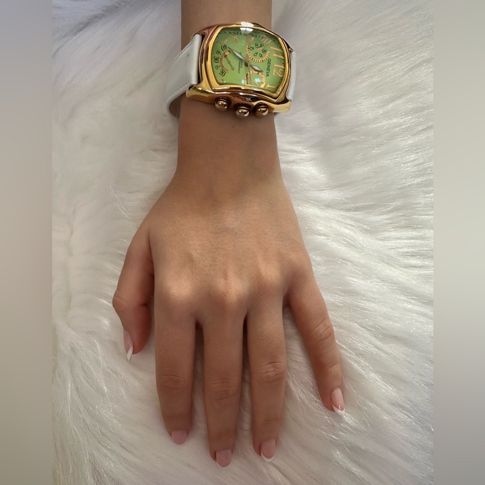 Geneva Gold and Green Chronograph Watch with White Band - Picture 3 of 11